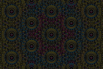 Embossed black background, ethnic cover design. Geometric ornamental exotic shiny 3D pattern. Handmade tribal style. Original boho motifs of the East, Asia, India, Mexico, Aztec, Peru.