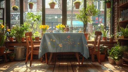   A dining room featuring a blue-clad table encircled by potted plants