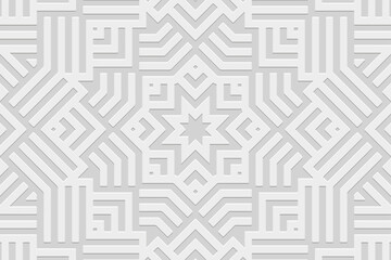 Embossed white background, ethnic cover design. Geometric ornamental elegant 3D pattern. Handmade tribal style. Original boho motifs of the East, Asia, India, Mexico, Aztec, Peru.