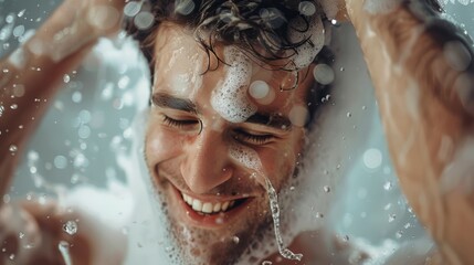 A man, smiling, in a shower, with foamy water running over his head, from an overhead perspective, suggesting he is enjoying a refreshing moment.