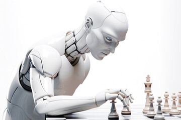 Android robot plays chess. Artificial intelligence training. White background. Copy space. - obrazy, fototapety, plakaty