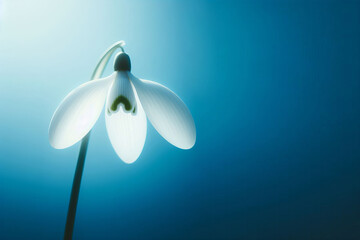 Delicate white spring single snowdrop on blue background with space for text