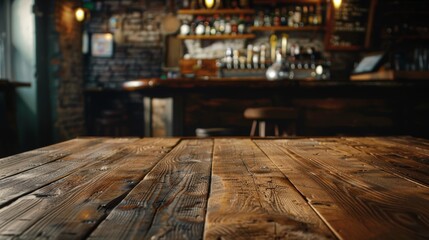 Vintage wooden bar table with blurred background