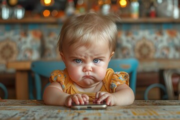 Angry baby with a cell phone on hands