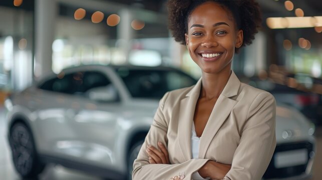 african american woman car sales woman stands next to a new car in a car showroom  