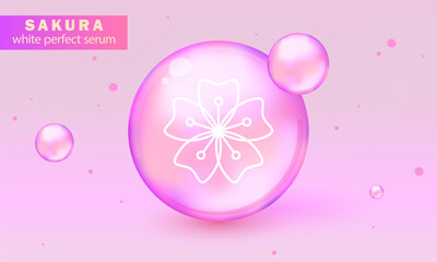 Sakura cosmetics. Facial cleanser banner, beauty cosmetic product on pink background with sakura flowers. Milk, gel, scrub. Collagen Sakura Serum, Vitamin and Background Vector Skin Care Cosmetic