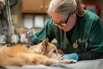 a veterinarian vet comforting treating a poorly pet dog
