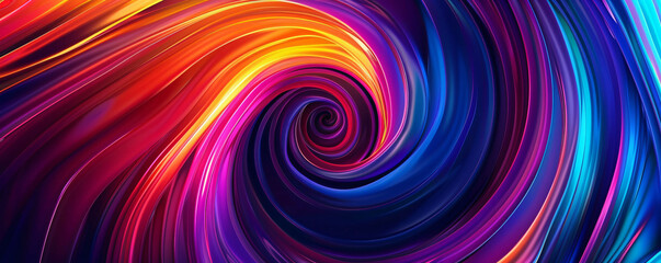 Abstract background with glowing lines in a spiral and tunnel effect, vibrant colors. Background for design with copy space, dark blue, purple, red, orange, yellow, pink, gradient. Abstract futuristic