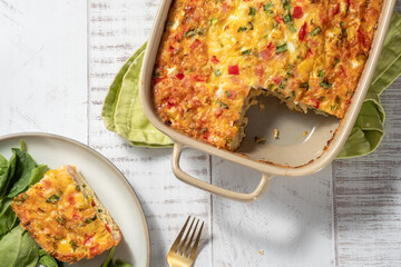 Delicious egg casserole with ham, cheese and vegetables