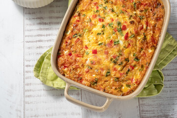 Delicious egg casserole with ham, cheese and vegetables