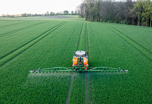 Pflanzenschutz im Ackerbau - roter Traktor mit Feldspritze im jungen Getreidebestand, Luftaufnahme.