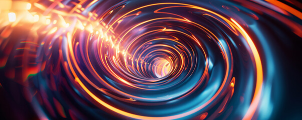 Abstract background with glowing lines in a spiral shape, using light and dark colors, in a 3D rendered illustration. Abstract futuristic dynamic light background, with a tunnel or wormhole effect.