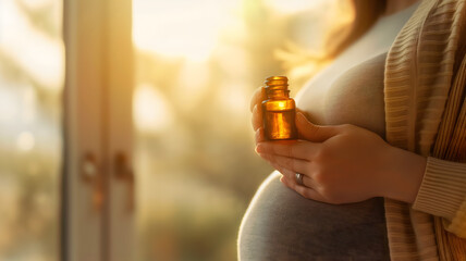 Pregnant woman holding a bottle of aromatherapy essential oil