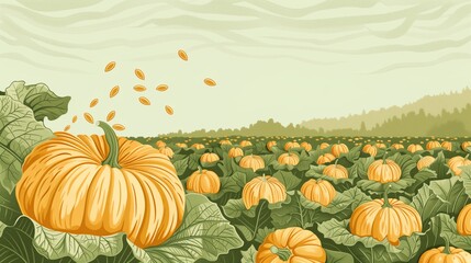 Autumn illustration pumpkins and seeds. light green background. Top pumpkin seeds falling.