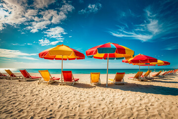 Beach chairs and umbrellas with beach ball, summer season