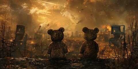 teddy bear against of a destroyed city Generative AI