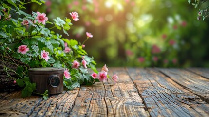 A camera on a wooden table with pink flowers in the background, AI - Powered by Adobe