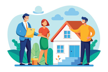 Group of People Standing in Front of House, Real estate agreement concept with man buying a house from broker, Simple and minimalist flat Vector Illustration