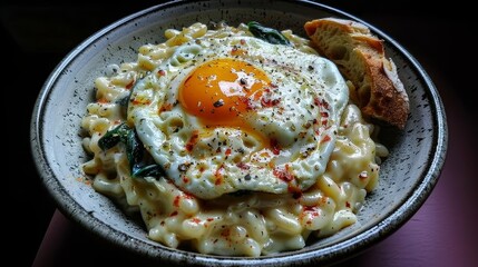  macaroni and cheese topped with a fried egg, accompanied by a slice of bread