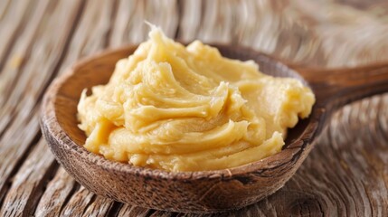 A spoon full of something in a wooden bowl on top of wood, AI
