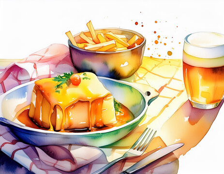 Watercolor of a creamy Francesinha sandwich, fries, and beer, evoking a cozy Portuguese dining experience