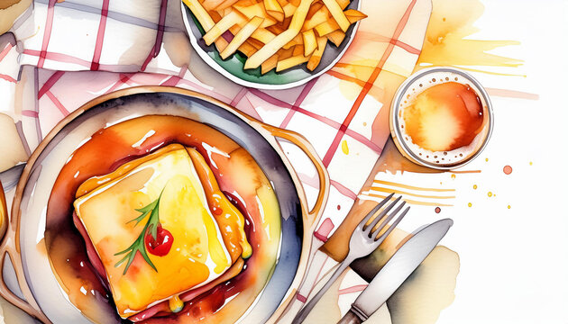 Watercolor of a creamy Francesinha sandwich, fries, and beer, evoking a cozy Portuguese dining experience