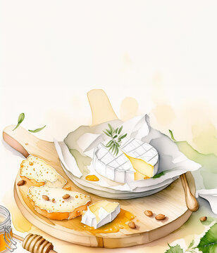 Watercolor painting of various cheeses, a knife, and herbs on a wooden board. The art is detailed, vibrant, and appetizing