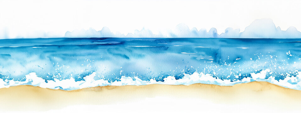 Watercolor painting of a tranquil beach, with gentle waves lapping against the golden sands under a clear sky