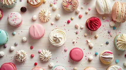 Selection of various cake pieces, macaroons, meringues, cookies and donuts on a wooden desk on a light background. Top view. Confectionery background - obrazy, fototapety, plakaty