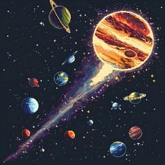 A painting of the solar system with a comet shooting through it