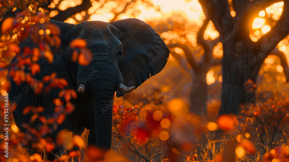 Poster an elephant stands in a field, surrounded by trees with sunshine filtering through their branches