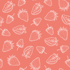 Strawberry seamless pattern, vector strawberries white line art illustration on pink background, hand drawn botanical outline illustration. Monochrome drawing. For background, packaging, textile.