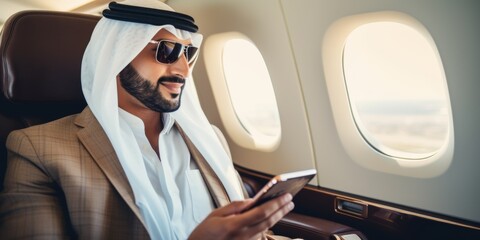 Arab businessman in a private jet Generative AI - obrazy, fototapety, plakaty