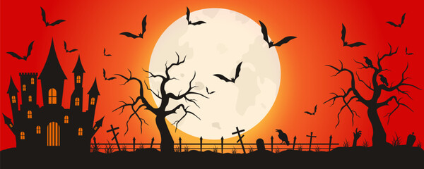 Creepy Halloween orange background with a castle, bats, and full moon. Vector illustration.