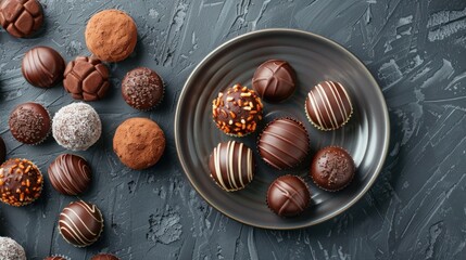 Sweet chocolate pralines. Tasty chocolate truffles on the plate. Top view. - obrazy, fototapety, plakaty