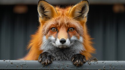 Close up of Canidae organism with whiskers and fur, peeking over a fence