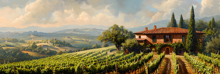 A serene Italian vineyard landscape with a traditional house, representing the beauty of rural agriculture.