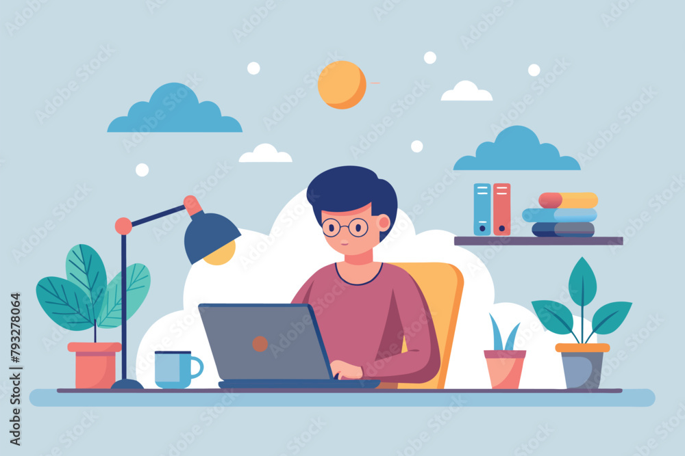 Aufkleber a person working at a desk with a laptop in a minimalist setting, remote working, simple and minimal