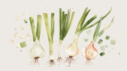 various stages and parts of allium plants, from spring onions to mature garlic bulbs, rendered in a classic style perfect for both culinary and educational spaces. - obrazy, fototapety, plakaty