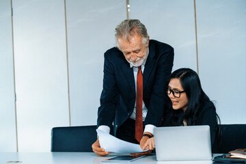 Senior executive manager and young businesswoman working in meeting room in the office. The woman...