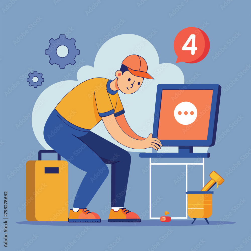 Poster a man is intensively working on a large screen, troubleshooting a computer error page not found, rep