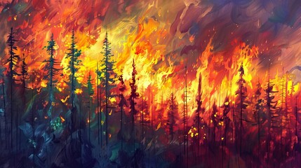 A vibrant painting of a forest wildfire