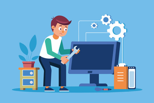 A man is seen fixing a computer screen with a wrench, focusing on repairing the error page not found, repairman fixes computer error page not found flat illustration