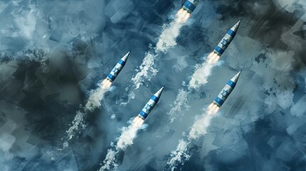 A digital artwork of multiple missiles launching simultaneously against a blue, cloudy background - obrazy, fototapety, plakaty