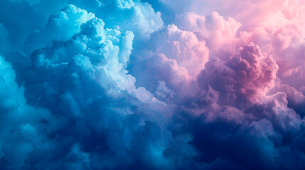 Obraz premium Fantasy pink and blue clouds in the sky. Pastel summer sky background. Candy fluffy texture. Fairy paradise. Realistic soft cloudy sunset landscape. Sweet dream design.
