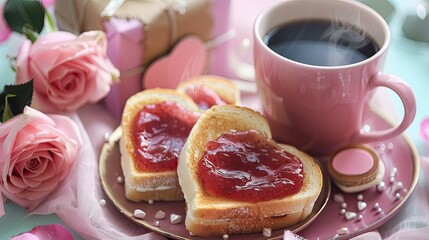 Obraz na płótnie Canvas Indulge in heart shaped toast slathered with strawberry jam accompanied by a steaming cup of coffee fresh pink roses and a charming gift box against a backdrop of Valentine s Day delight Th