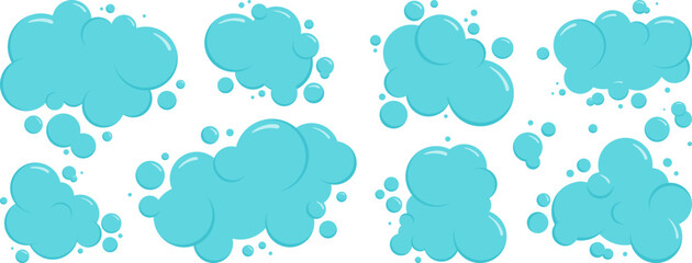 Cartoon blue cloud sky or foam bubble water icon, soap ball set, bath shampoo suds splash. Wash, laundry, clean underwater collection. Soda, carbonated fun vector illustration on white background - obrazy, fototapety, plakaty