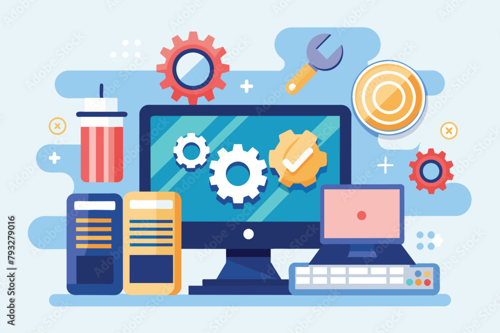 Poster a computer screen displaying a wrench tool and gears, indicating possible software repairs or mainte