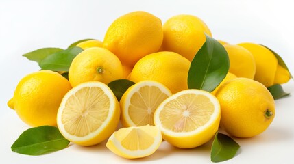A stack of yellow lemons with some sliced in half, showcasing the juicy interior. The scene has green leaves interspersed among the lemons, creating a bright, citrus-filled atmosphere.