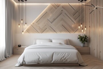 A bed sits in the center of the room with a wooden wall as the backdrop